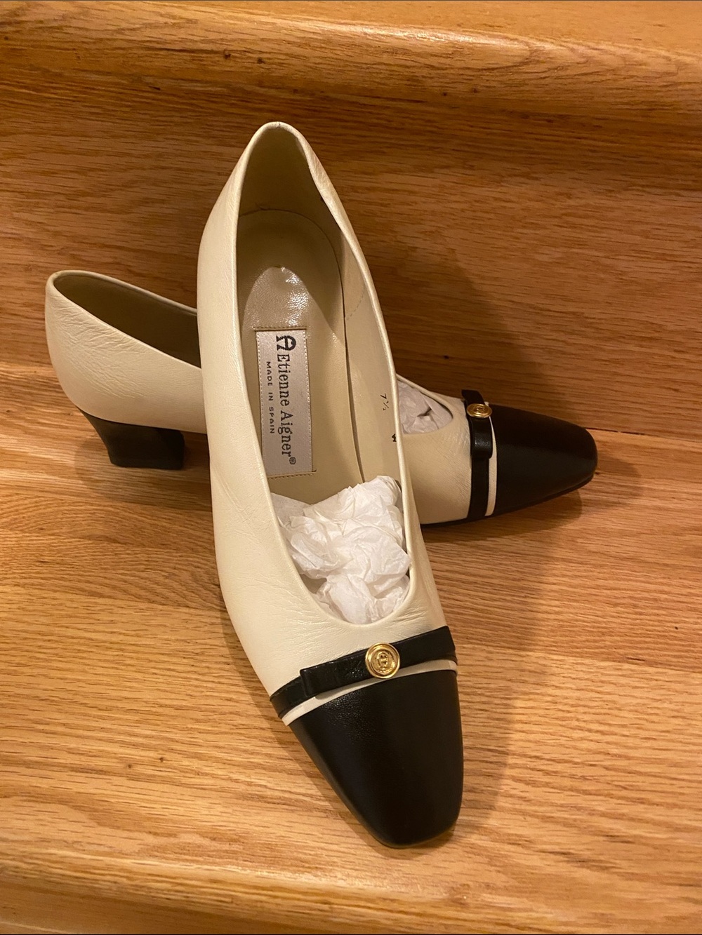 Etienne Aigner Cream and Black Cap-Toe Block Heel Pumps